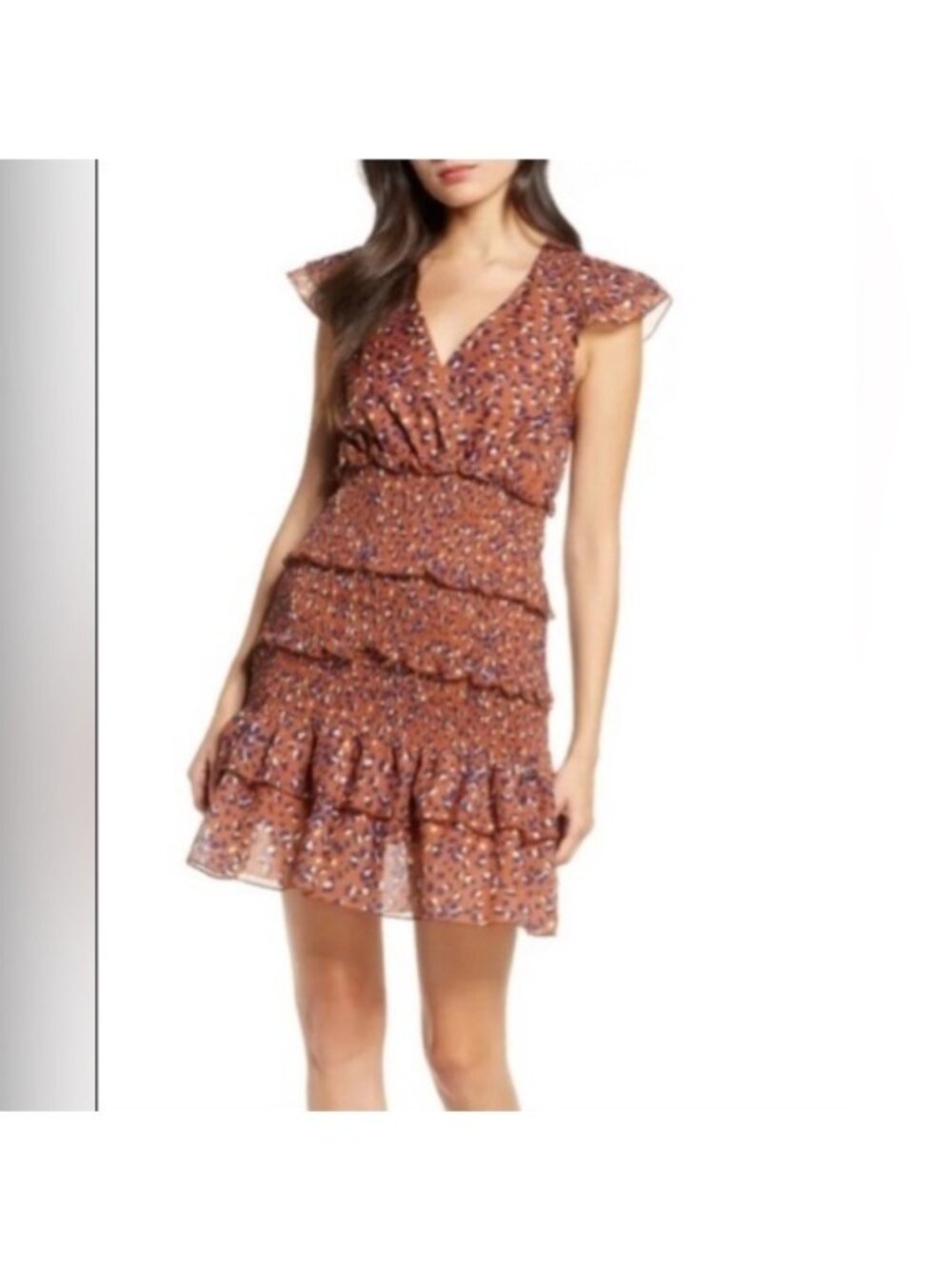 Foxiedox Mini Luna Leopard Print - Tan with Blue Detail - Tiered Ruffle Dress-XS